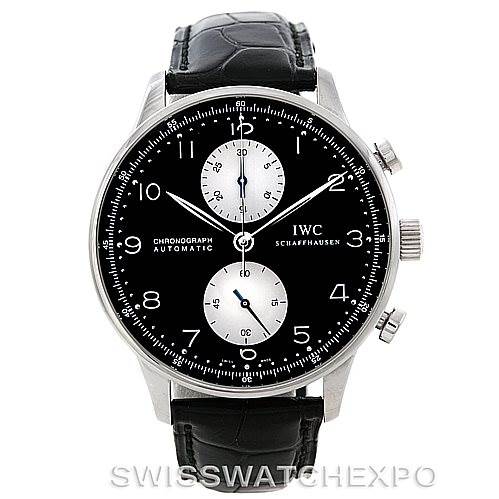 The IWC Portuguese IW371404 Men
s Stainless Steel Black Dial IW371404 Men
s Stainless Steel Black Dial chronograph watch is shown in a frontal view, highlighting its black dial and leather strap.