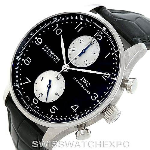 This image shows an angled view of the IWC Portuguese IW371404 Men
s Stainless Steel Black Dial IW371404 Men
s Stainless Steel Black Dial chronograph watch, highlighting its black dial, silver casing, and leather strap.