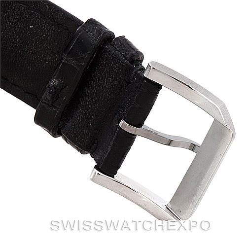 The image shows a close-up of the black leather strap and silver buckle of an IWC Portuguese IW371404 Men
s Stainless Steel Black Dial IW371404 Men
s Stainless Steel Black Dial model watch.