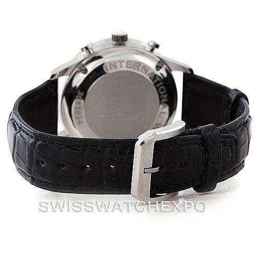 The image shows the back view of an IWC Portuguese IW371404 Men
s Stainless Steel Black Dial IW371404 Men
s Stainless Steel Black Dial model watch, featuring the leather strap and the case back.
