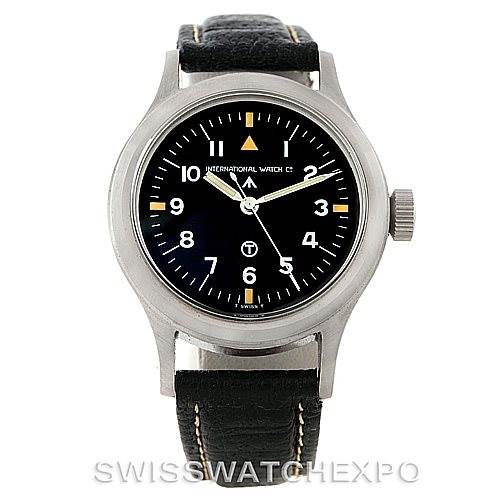 The image shows a front view of an IWC Pilot MARK XI Men
s Stainless Steel Black Dial MARK XI Men
s Stainless Steel Black Dial model watch, featuring a black dial, white numerals, and a black leather strap.
