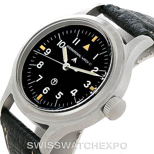 The IWC Pilot MARK XI Men
s Stainless Steel Black Dial MARK XI Men
s Stainless Steel Black Dial watch is shown at a slight angle, highlighting the dial, crown, and part of the leather strap.