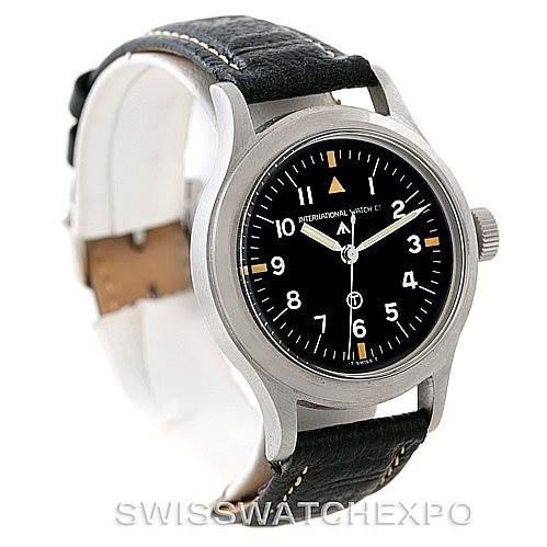 The IWC Pilot MARK XI Men
s Stainless Steel Black Dial MARK XI Men
s Stainless Steel Black Dial model watch is shown at a three-quarter angle, displaying the face, bezel, and leather strap.