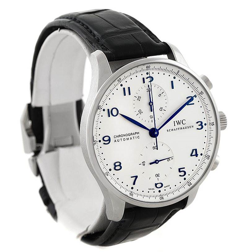 The image shows a front-angle view of an IWC Portuguese IW371446 Men
s Stainless Steel Silver Dial IW371446 Men
s Stainless Steel Silver Dial model watch displaying the dial, case, and strap.