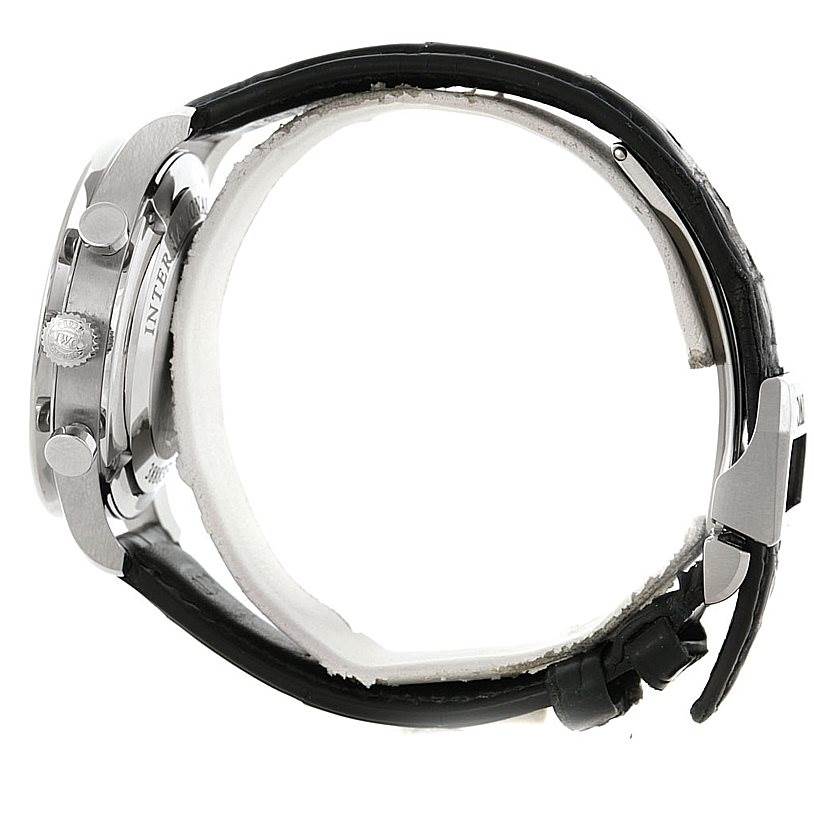 Side view of an IWC Portuguese IW371446 Men
s Stainless Steel Silver Dial IW371446 Men
s Stainless Steel Silver Dial watch showing the crown, pushers, and leather strap.