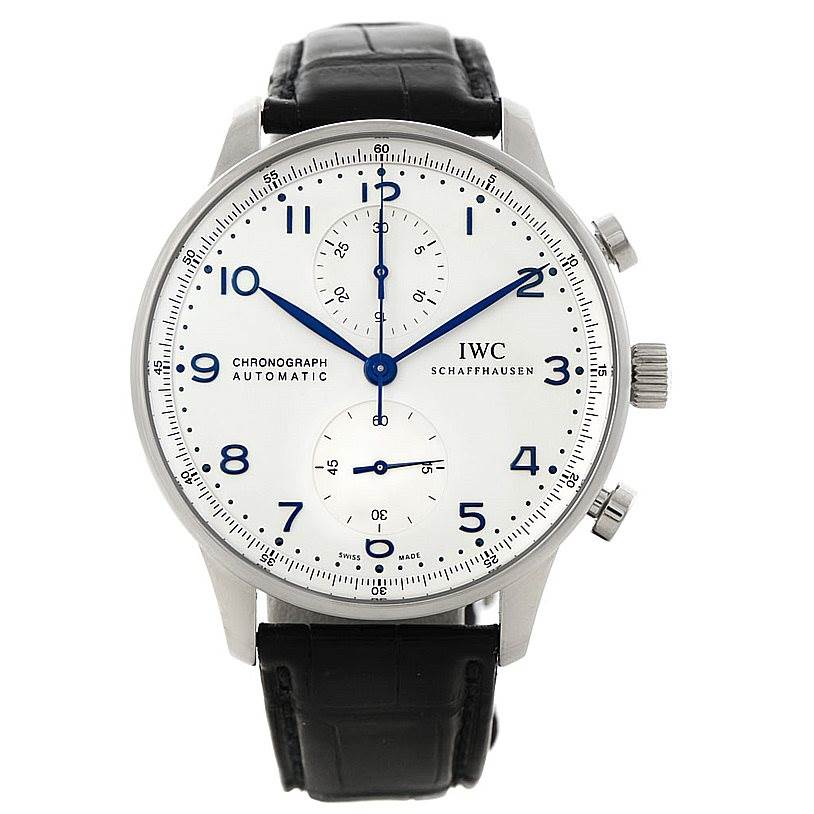 This image shows a front view of the IWC Portuguese IW371446 Men
s Stainless Steel Silver Dial IW371446 Men
s Stainless Steel Silver Dial Chronograph watch with its dial, hands, and leather strap visible.