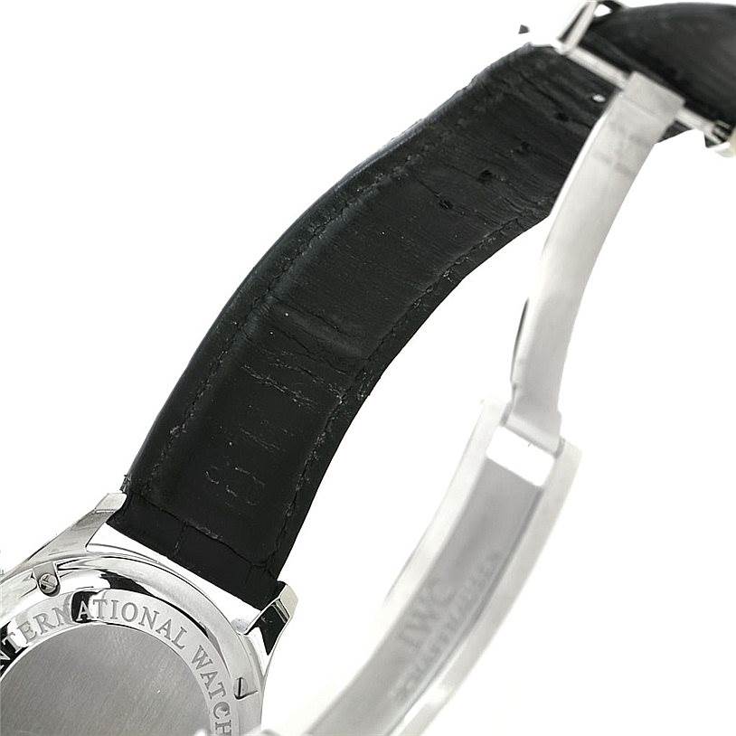 The image shows the back and strap of an IWC Portuguese IW371446 Men
s Stainless Steel Silver Dial IW371446 Men
s Stainless Steel Silver Dial model watch at an angled view.
