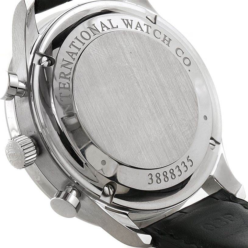 The image shows the back case of an IWC Portuguese IW371446 Men
s Stainless Steel Silver Dial IW371446 Men
s Stainless Steel Silver Dial watch, highlighting the case back, crown, and part of the leather strap.