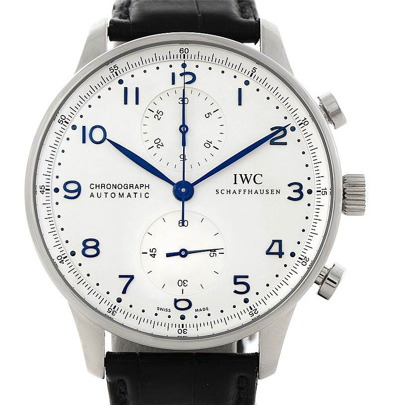The image shows a frontal view of an IWC Portuguese IW371446 Men
s Stainless Steel Silver Dial IW371446 Men
s Stainless Steel Silver Dial model watch, highlighting its face, numerals, subdials, and crown.