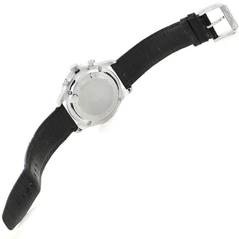 The image shows the back of the IWC Portuguese IW371417 Men's Stainless Steel Silver Dial IW371417 Men's Stainless Steel Silver Dial model watch, highlighting the case back and black leather strap with a clasp.