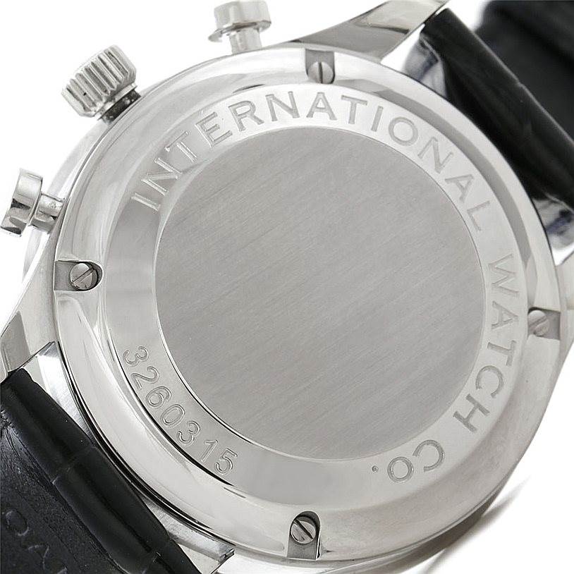 The image shows the back case of an IWC Portuguese IW371417 Men's Stainless Steel Silver Dial IW371417 Men's Stainless Steel Silver Dial model watch, highlighting the brand engravings and serial number.