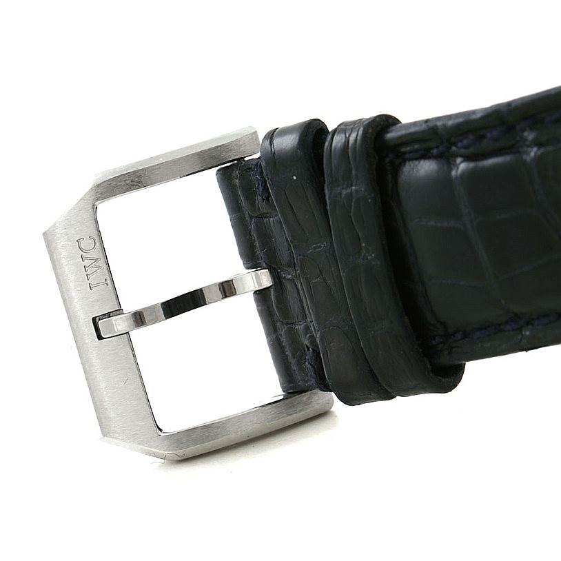 The image shows a close-up of the buckle and leather strap of the IWC Portuguese IW371417 Men's Stainless Steel Silver Dial IW371417 Men's Stainless Steel Silver Dial model watch.