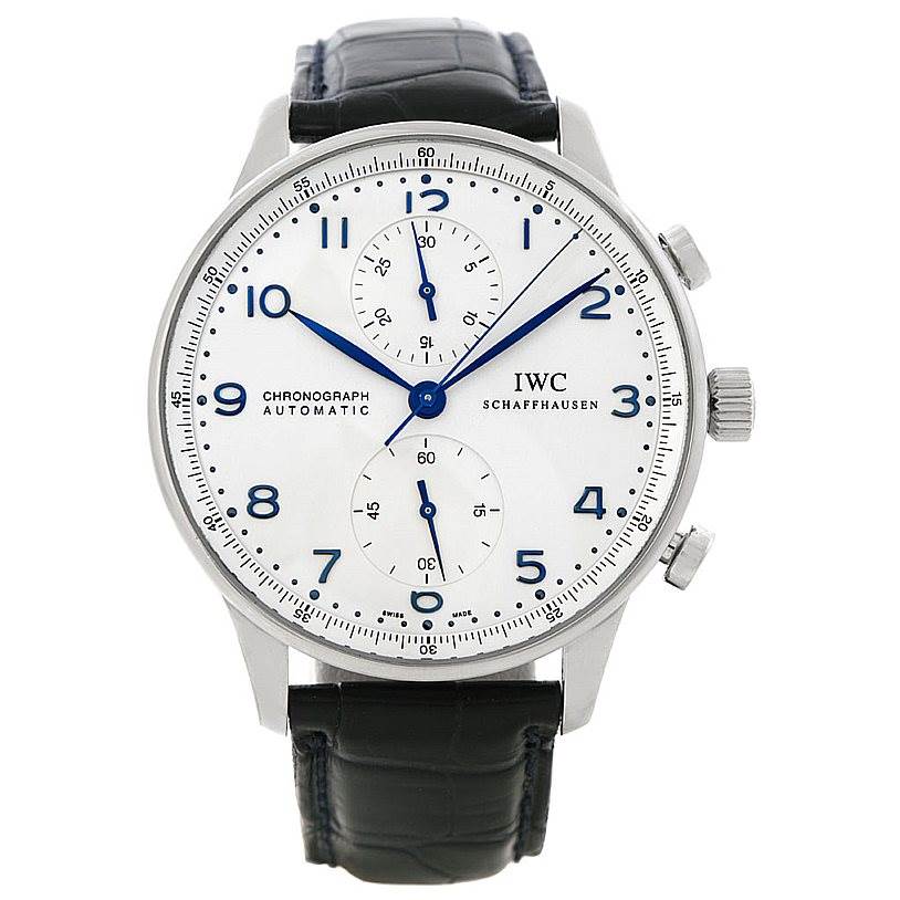 The IWC Portuguese IW371417 Men's Stainless Steel Silver Dial IW371417 Men's Stainless Steel Silver Dial model watch is shown from the front, displaying its dial, chronograph subdials, and leather strap.