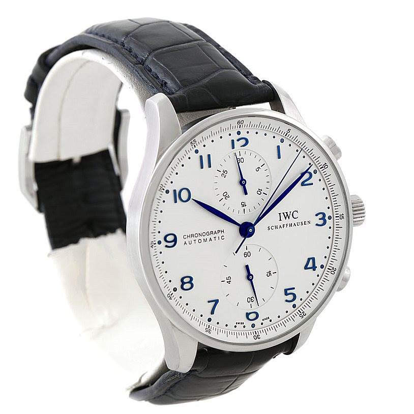 The image shows a front-side view of the IWC Portuguese IW371417 Men's Stainless Steel Silver Dial IW371417 Men's Stainless Steel Silver Dial Chronograph watch with a white dial and dark leather strap.
