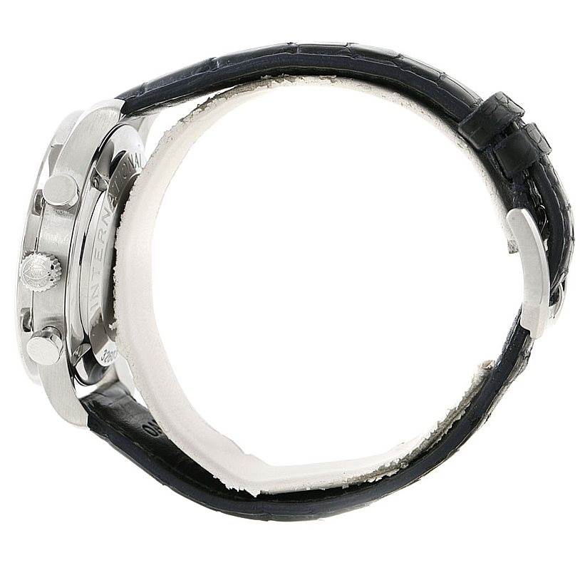 The image shows a side view of an IWC Portuguese IW371417 Men's Stainless Steel Silver Dial IW371417 Men's Stainless Steel Silver Dial model watch, highlighting the crown, pushers, case, and black leather strap.