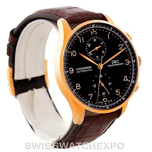 The image shows an IWC Portuguese IW371415 Men's Rose Gold Black Dial IW371415 Men's Rose Gold Black Dial chronograph watch at a side angle, highlighting its black dial, gold casing, and brown leather strap.