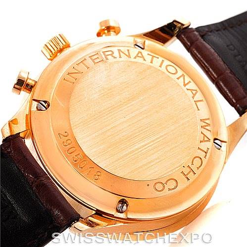 This image shows the back case of an IWC Portuguese IW371415 Men's Rose Gold Black Dial IW371415 Men's Rose Gold Black Dial model watch, including the leather strap and chronograph buttons.