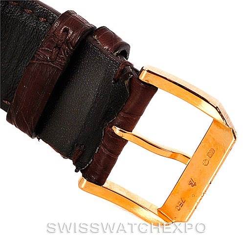 The image displays the gold buckle and brown leather strap of the IWC Portuguese IW371415 Men's Rose Gold Black Dial IW371415 Men's Rose Gold Black Dial watch at a close-up angle.