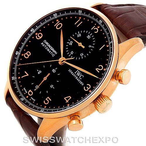 This image shows the front and right side of the IWC Portuguese IW371415 Men's Rose Gold Black Dial IW371415 Men's Rose Gold Black Dial model watch with its crown and chronograph pushers visible.