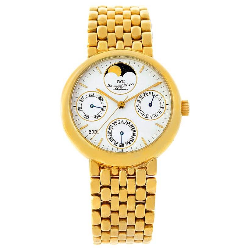 This image shows a frontal view of the IWC Portofino 3541 Men's Yellow Gold White Dial 3541 Men's Yellow Gold White Dial watch, highlighting its gold bracelet and multiple sub-dials.