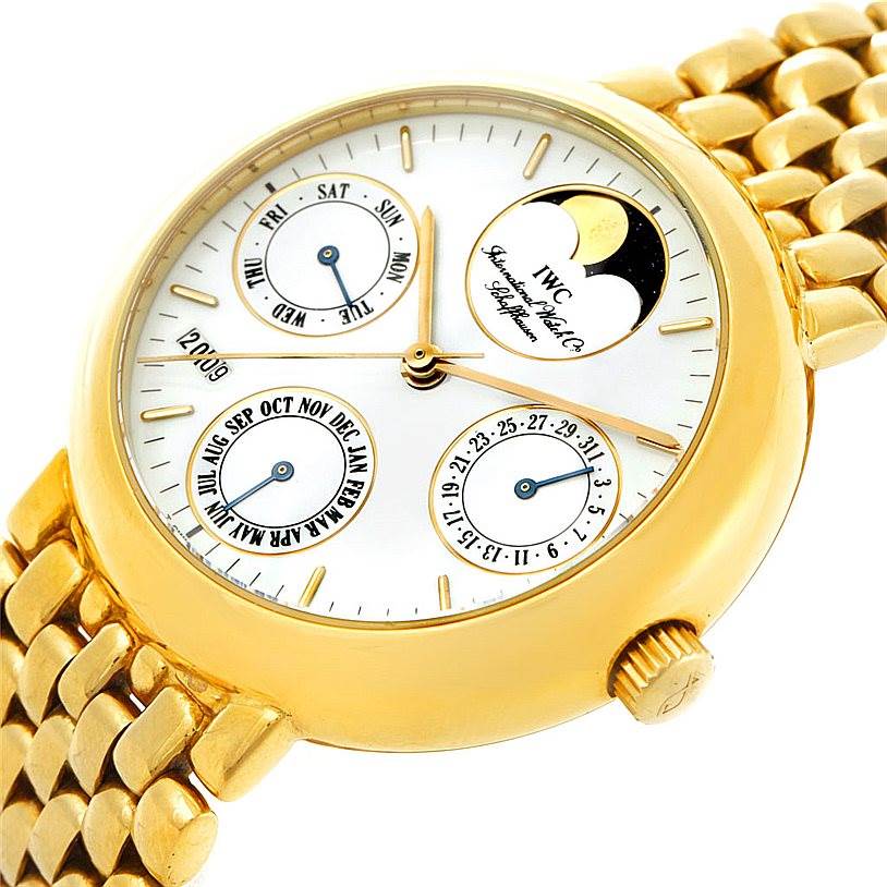 The image shows a close-up of the IWC Portofino 3541 Men's Yellow Gold White Dial 3541 Men's Yellow Gold White Dial watch with a gold case, white dial, moon phase, day, date, and month subdials.
