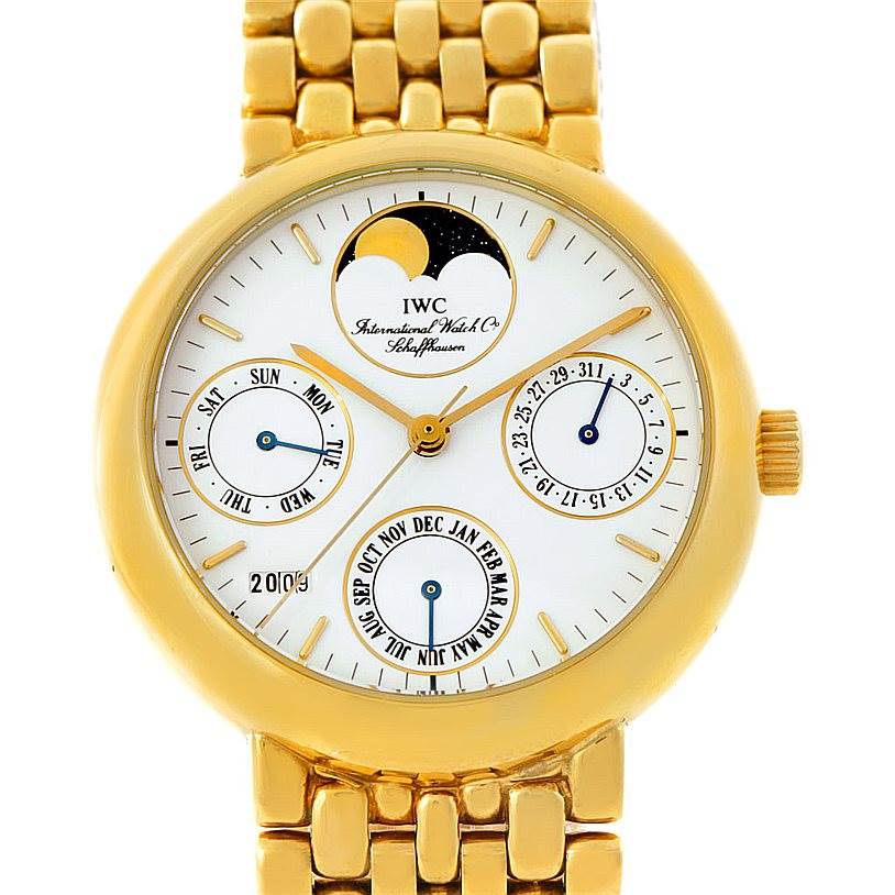 This image shows a front view of an IWC Portofino 3541 Men's Yellow Gold White Dial 3541 Men's Yellow Gold White Dial watch, highlighting its gold case, subdials, and moon phase indicator.