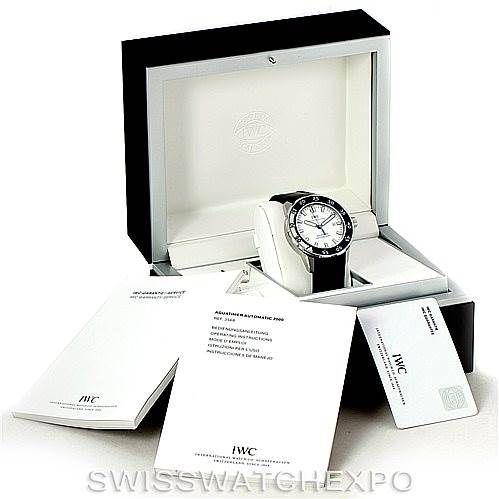 The image shows an IWC Aquatimer IW356805 Men's Stainless Steel White Dial IW356805 Men's Stainless Steel White Dial watch displayed in an open box, accompanied by manuals and warranty cards.