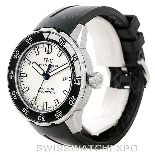 The IWC Aquatimer IW356805 Men's Stainless Steel White Dial IW356805 Men's Stainless Steel White Dial watch is shown at a slight angle, highlighting the face, bezel, and black rubber strap.