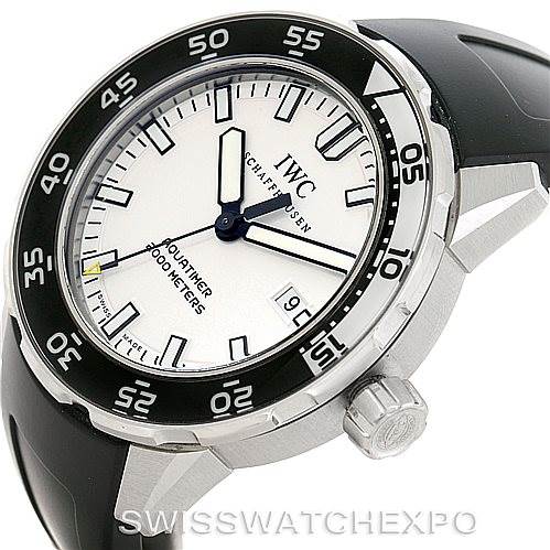 The IWC Aquatimer IW356805 Men's Stainless Steel White Dial IW356805 Men's Stainless Steel White Dial watch is shown at an angled view, displaying the watch face, bezel, lugs, and crown.