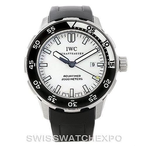 The image shows a front view of an IWC Aquatimer IW356805 Men's Stainless Steel White Dial IW356805 Men's Stainless Steel White Dial watch, highlighting its dial, bezel, and strap.
