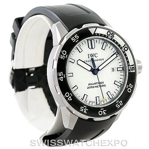 The image shows an IWC Aquatimer IW356805 Men's Stainless Steel White Dial IW356805 Men's Stainless Steel White Dial watch positioned at an angled side view, revealing the dial, bezel, crown, and part of the strap.