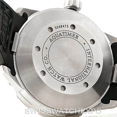 The image shows the back casing of an IWC Aquatimer IW356805 Men's Stainless Steel White Dial IW356805 Men's Stainless Steel White Dial watch, displaying its engravings and part of the strap.