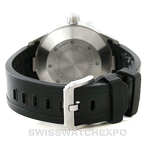 The image shows the back view of an IWC Aquatimer IW356805 Men's Stainless Steel White Dial IW356805 Men's Stainless Steel White Dial watch, highlighting the stainless steel case back and rubber strap with a metal buckle.