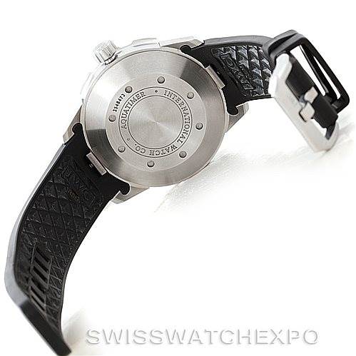 The image shows the back of the IWC Aquatimer IW356805 Men's Stainless Steel White Dial IW356805 Men's Stainless Steel White Dial watch and its strap from an angled side view.