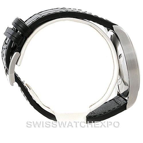 This image shows the side view profile of an IWC Pilot IW326501 Men's Stainless Steel Black Dial IW326501 Men's Stainless Steel Black Dial watch, showcasing the case and leather strap.