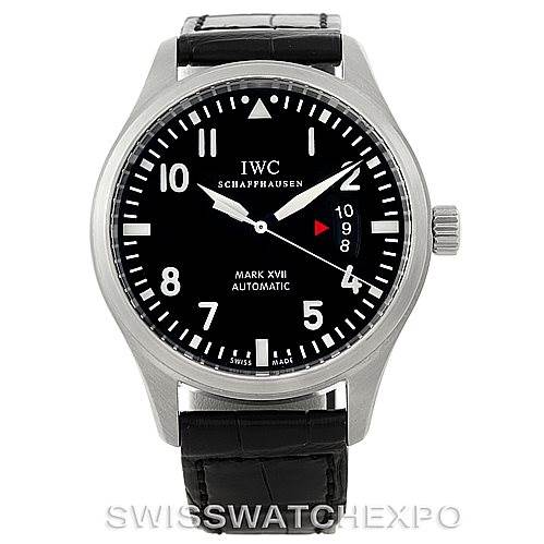 The image shows a front view of the IWC Pilot IW326501 Men's Stainless Steel Black Dial IW326501 Men's Stainless Steel Black Dial Mark XVII Automatic watch, featuring a black dial and a black leather strap.
