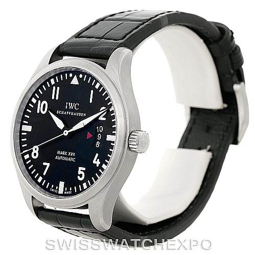 This image shows an IWC Pilot IW326501 Men's Stainless Steel Black Dial IW326501 Men's Stainless Steel Black Dial Mark XVII watch at a three-quarter angle, highlighting the face, case, and strap.