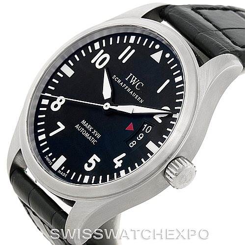 This IWC Pilot IW326501 Men's Stainless Steel Black Dial IW326501 Men's Stainless Steel Black Dial Mark XVII watch is shown at an angled view, displaying the face, bezel, crown, and part of the black leather strap.