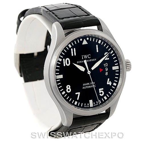 The image shows a front angle of an IWC Pilot IW326501 Men's Stainless Steel Black Dial IW326501 Men's Stainless Steel Black Dial watch, highlighting its black dial, white numerals, stainless steel case, and black strap.