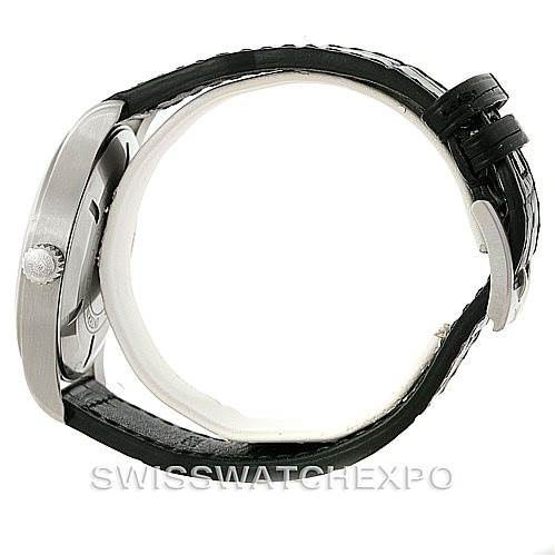 The image shows a side view of the IWC Pilot IW326501 Men's Stainless Steel Black Dial IW326501 Men's Stainless Steel Black Dial watch, highlighting the round case, crown, and black strap with a buckle.