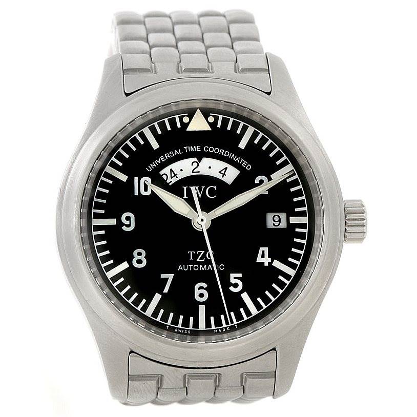 This image shows a front view of a Pilot model watch by IWC, highlighting the face, hands, and bracelet.