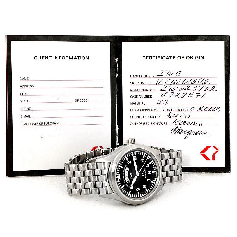 The image shows an IWC Pilot IW325102 Men's Stainless Steel Black Dial IW325102 Men's Stainless Steel Black Dial model watch with a certificate of origin, displayed from a front angle.