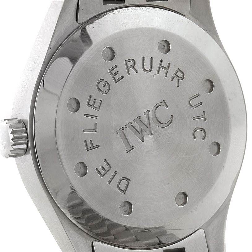 The image shows the back case and crown of an IWC Pilot IW325102 Men's Stainless Steel Black Dial IW325102 Men's Stainless Steel Black Dial model watch.