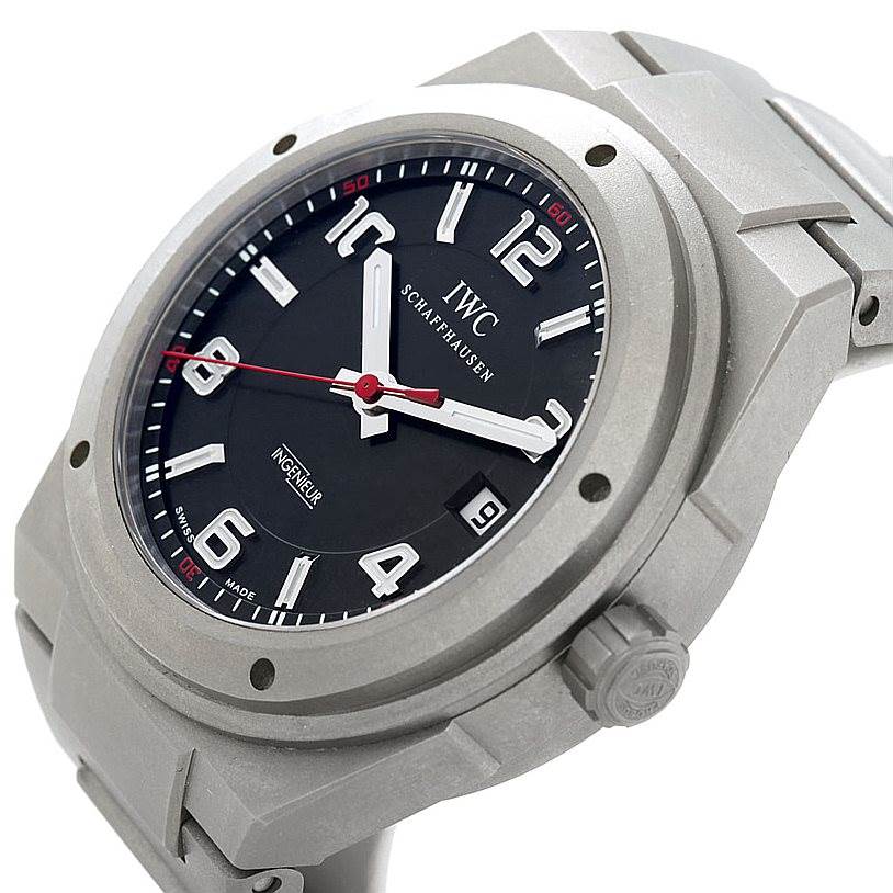 The image shows a side and front angle view of the IWC Ingenieur IW322703 Men's Titanium Black Dial IW322703 Men's Titanium Black Dial watch, highlighting the dial, bezel, case, and crown.