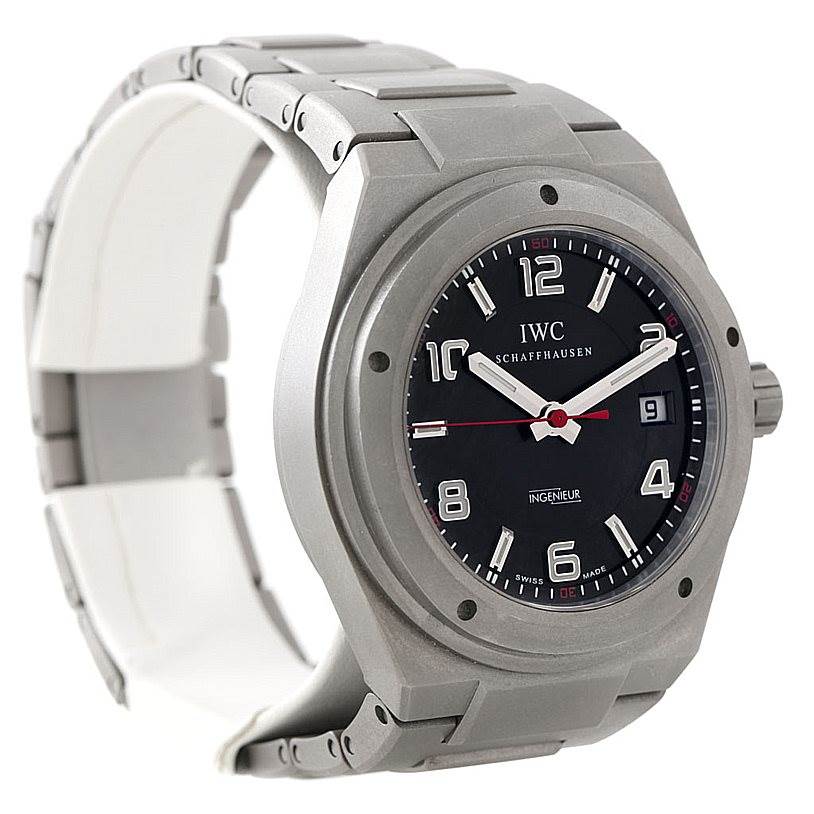 This image shows a side-angled view of the IWC Ingenieur IW322703 Men's Titanium Black Dial IW322703 Men's Titanium Black Dial watch, displaying its face, bezel, crown, and part of the bracelet.