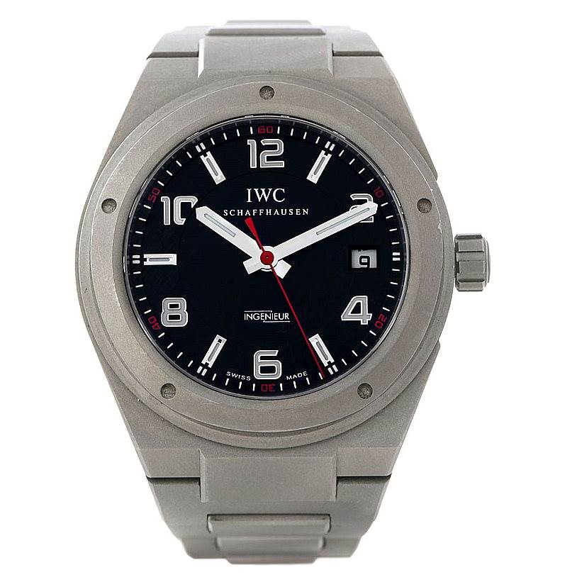 This is a front view of the IWC Ingenieur IW322703 Men's Titanium Black Dial IW322703 Men's Titanium Black Dial model showing the watch face, bezel, and part of the bracelet.