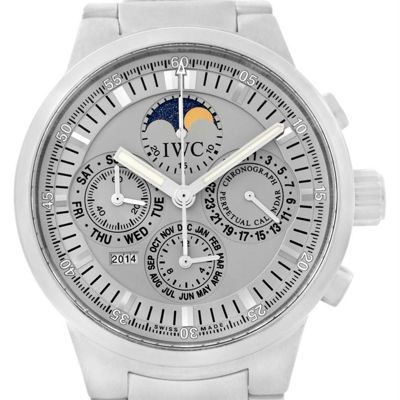 The image shows a front view of an IWC GST IW375607 Men's Stainless Steel Silver Dial IW375607 Men's Stainless Steel Silver Dial model watch, highlighting its chronograph, perpetual calendar, and moon phase features.