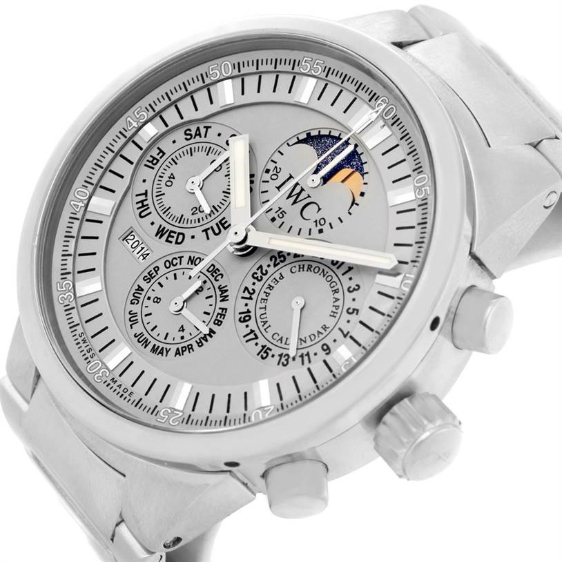 The image shows a close-up angle of the face and side of the IWC GST IW375607 Men's Stainless Steel Silver Dial IW375607 Men's Stainless Steel Silver Dial model watch, highlighting its subdials and crown.