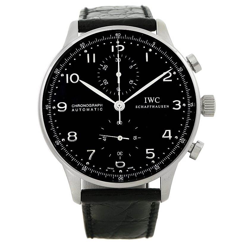A frontal view of an IWC Portuguese IW371438 Men's Stainless Steel Black Dial IW371438 Men's Stainless Steel Black Dial Chronograph showing the black dial, subdials, numerals, and leather strap.