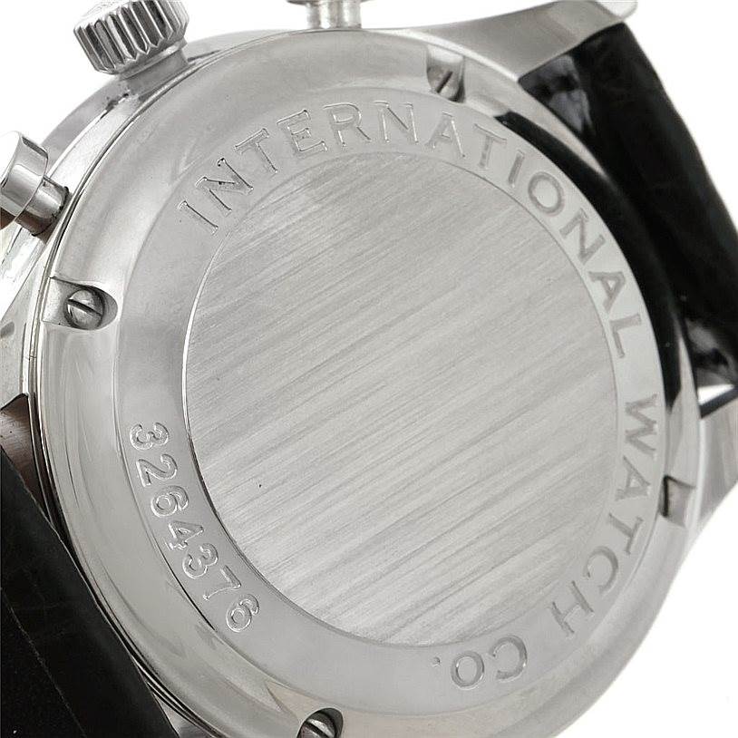 The image shows the back case of an IWC Portuguese IW371438 Men's Stainless Steel Black Dial IW371438 Men's Stainless Steel Black Dial watch, including the crown and serial number.